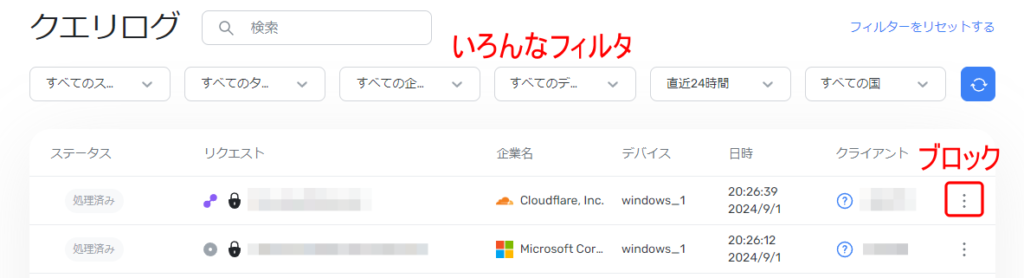 AdGuard DNS クエリログ